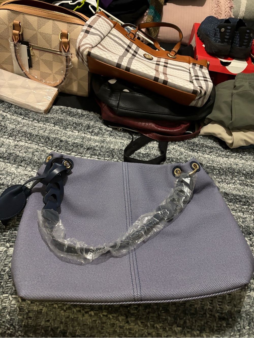 Women's Navy Canvas Tote Bag with Braided Strap